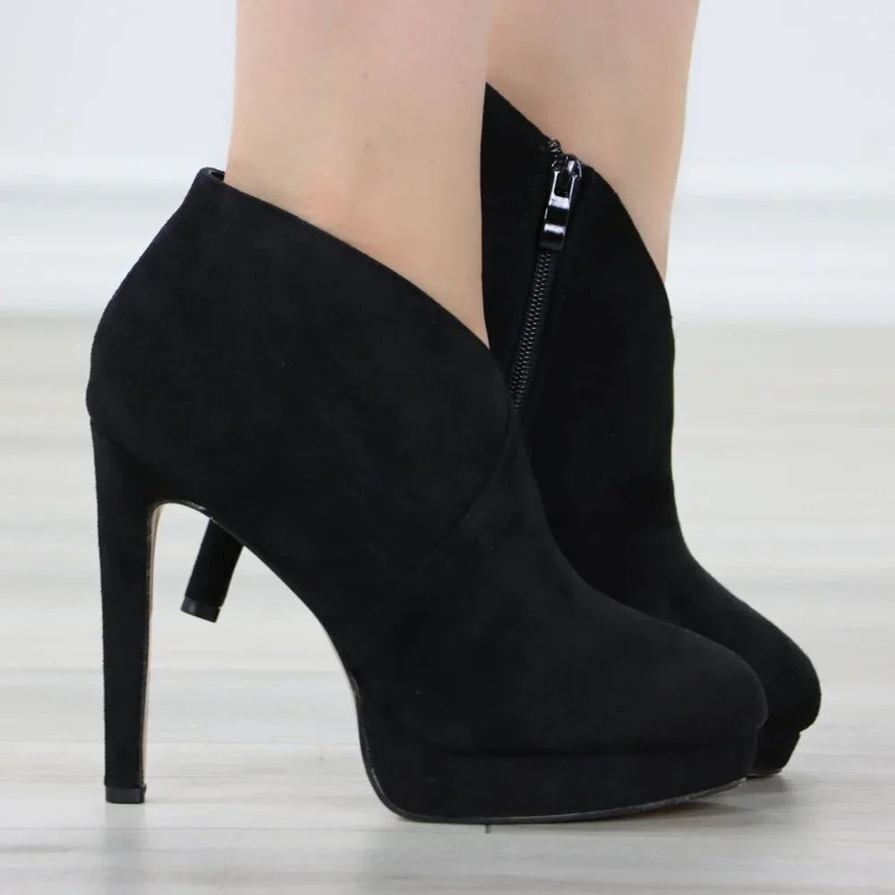 Black High Heel Platform Ankle Boots Stilettos Faux Suede - Picture 4 of 15